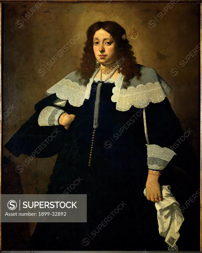 Lady with Handkerchief, by Ceresa Carlo, 1640, 17th Century, oil on canvas. Italy, Lombardy, Milan, Brera Art Gallery. Whole artwork. Portrait of a woman. Lady of Sala house neck sleeves bracelet ring black dress: robe: garment light.
