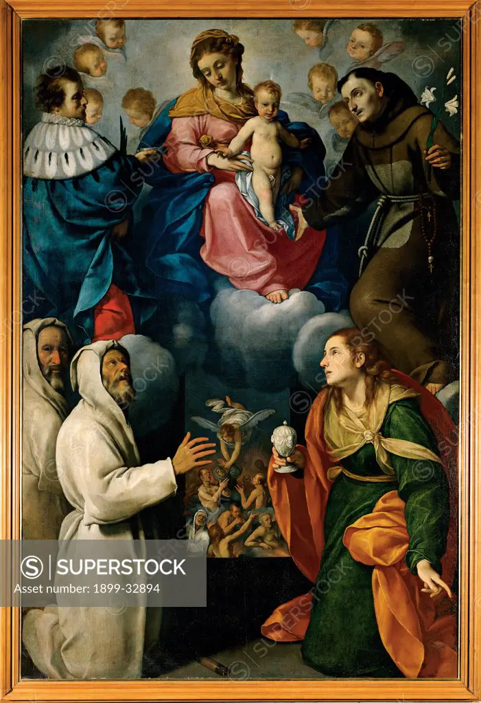 Madonna and Child with St Anthony, St Mary Magdalene, Disciplini and Purging Souls, by Ceresa Carlo, 1609 - 1679, 17th Century, canvas. Italy, Lombardy, Brambilla, Bergamo, Parish Church. Whole artwork. Madonna with Child St Anthony St Mary Magdalene Disciplini and purging souls angels clouds light blue: azure blue white green orange brown dark: brown shades: tones: hues pink red.