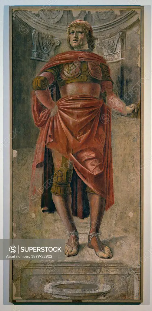 Man with a Broadsword, by Donato di Pascuccio di Antonio known as Bramante, 1480, 15th Century, fresco torn down. Italy, Lombardy, Milan, Brera Art Gallery. Whole artwork. Man mantle: cloak drapery armor: cuirass sandals classical outfits painted niche red gold white gray.