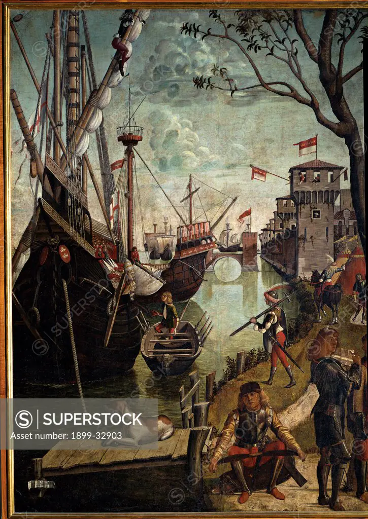 Legend of St Ursula. Arrival in Cologne, by Carpaccio Vittore, 1490, 15th Century, oil on canvas. Italy, Veneto, Venice, Accademia Art Galleries. Whole artwork. Group heathen: unbelievers young warrior sitting pier dog river boat ships bank shore group men warriors soldiers armor: cuirass swords.