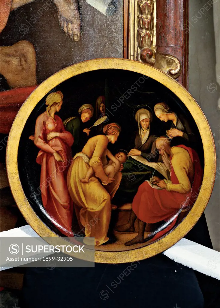 Nativity of St John the Baptist, by Carrucci Jacopo know as Pontormo, 1527, 16th Century, oil on panel. Italy, Tuscany, Florence, Uffizi Gallery. Whole artwork. Recto. Table childbirth nativity parturient St Elizabeth man old father Zechariah birth newborn St John the Baptist women midwife red yellow pink black edge gold.
