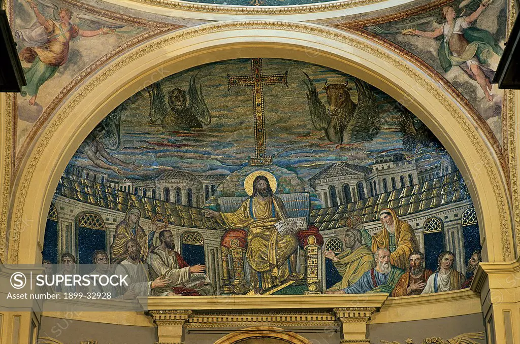 Christ Teaching the Apostles in the Heavenly Jerusalem (Christ Enthroned With the Apostles or Christ in Majesty), by Unknown, 4th Century, Unknow. Italy, Lazio, Rome, Santa Pudenziana Basilica. Whole artwork. Apse apse concha: conch mosaic tesseras throne Jesus Christ aureole: halo the Apostles: Disciples St Pudentiana St Praxidis city walls Jerusalem buildings cross symbols the Evangelists angel lion bull eagle tetramor.