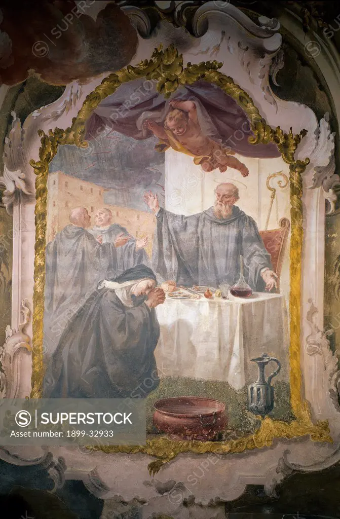 St Scholastica Visiting St Benedict in the Cave, by Ferrario Federico, Agrati Antonio, 18th Century, fresco. Italy, Lombardy, Milan, Chiaravalle Abbey. Whole artwork. St Scholastica visiting St Benedict in the cave table banquet habit: tunic cassock pastoral staff: crosier frame volutes episode white gold dark: brown shades: tones: hues black white.
