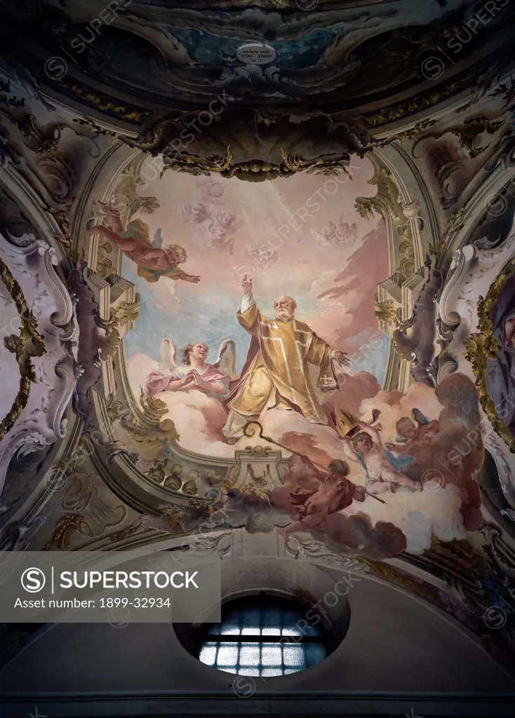 Glory of St Benedict, by Ferrario Federico, Agrati Antonio, 18th Century, fresco. Italy, Lombardy, Milan, Chiaravalle Abbey. Whole artwork. Glory of St Benedict clouds light putti gold white pink light blue: azure.