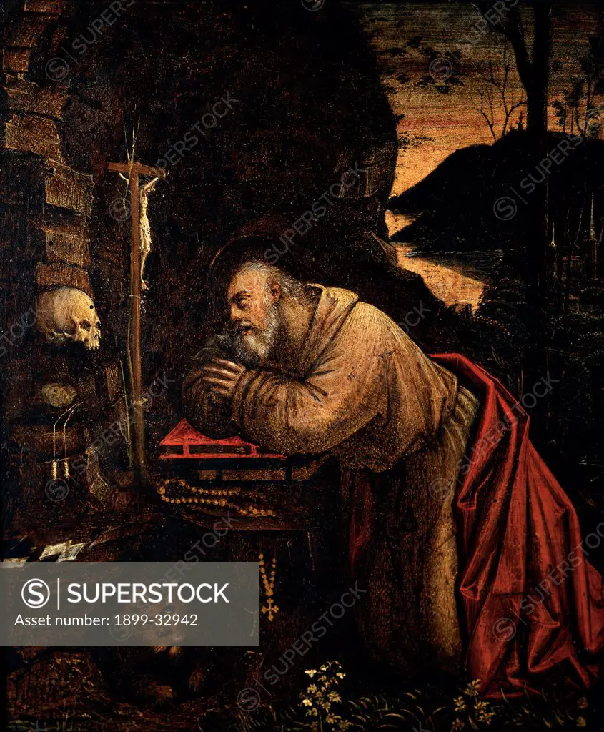 St Jerome, by Ferrari Defendente, 1511 - 1535, 16th Century, oil on panel. Italy, Lombardy, Milan, Brera Art Gallery. Whole artwork. St Jerome in prayer kneeling drapery book crucifix skull memento moors lion plants red white yellow dark: brown shades: tones: hues.
