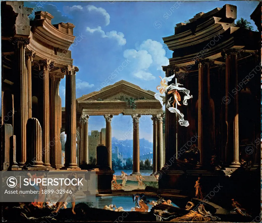 Probatica Piscina (Pool of Bethesda), by De Ferrari Gregorio, 17th Century, oil on canvas. Italy, Lombardy, Milan, Private collection. Whole artwork. Probatica piscina (Pool of Bethesda) classical buildings ruins winged figure fluted columns Corinthian capitals tympanum: gable small human figures clouds light shadow.