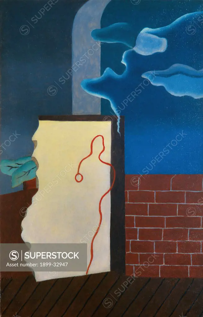 Waiting, by Fillia Luigi Colombo, 1929, 20th Century, oil on canvas. Private collection. Whole artwork. Waiting wall leaves shapes: forms colors metaphysics blue white red dark: brown shades: tones: hues.