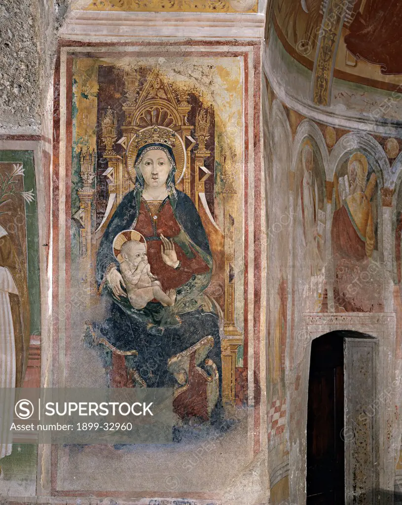 Madonna Enthroned with Child, by Unknown, 15th Century, fresco. Italy, Lombardy, Gemonio, Varese, San Pietro Church. Whole artwork. Madonna fresco Infant Jesus: Child Jesus: Christ Child: Baby Jesus throne.