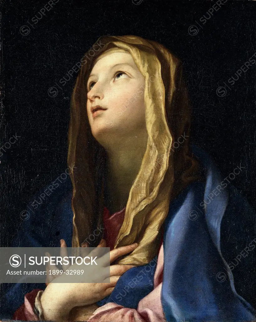 The Virgin Mary , by Cignani Carlo, 17th Century, oil on canvas. , Private collection. Whole artwork. Virgin Mary face light woman veil hands crossed on the chest yellow blue pink dark background black.