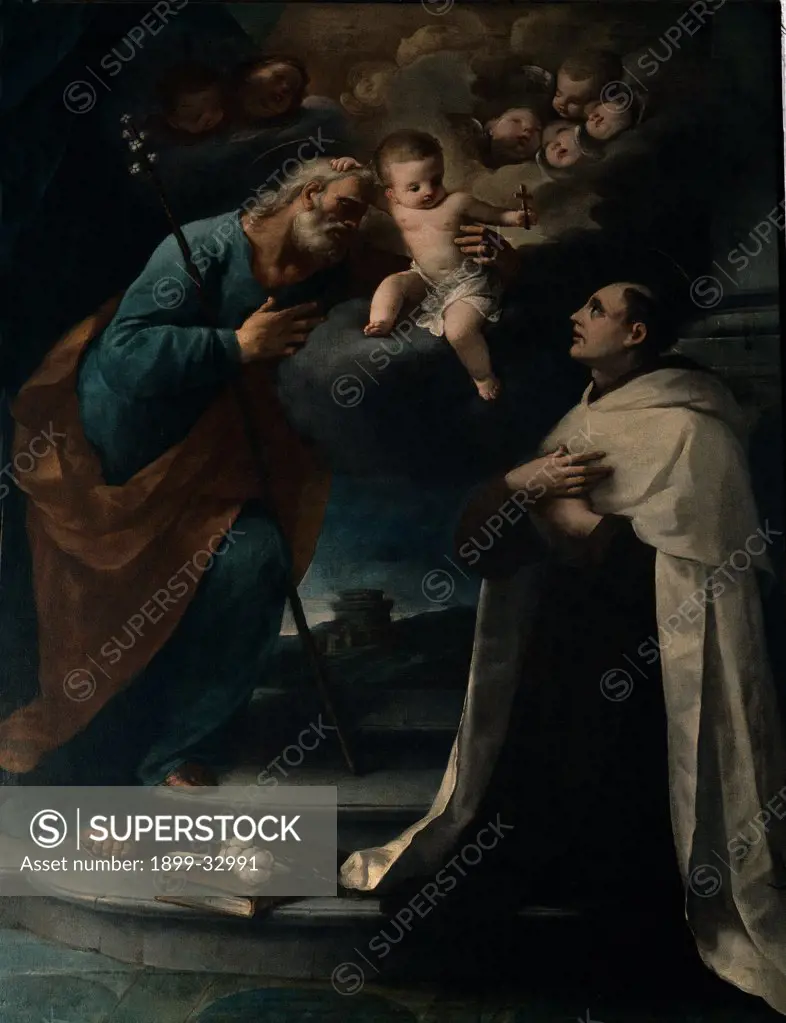St Joseph Appears to the Blessed Angelo Mozzaghi, by Cignani Felice, 17th Century, oil on canvas. Italy, Emilia Romagna, Forli, Cesena, Santa Maria del Carmine Church. Whole artwork. St Joseph old: aged man white beard St Joseph lily book the Blessed Angelo Mozzaghi Dominican habit: tunic angels putti blue brown black white.