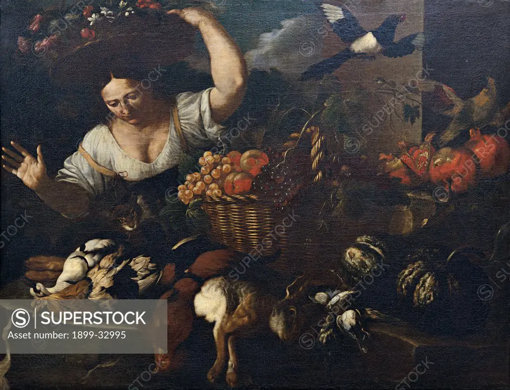 Still Life with Game, Fruit and Vegetables with a Girl Carrying Flowers in a Basket on Her Head, by Cittadini Pier Francesco, 17th Century, oil on canvas. Italy, Emilia Romagna, Modena, Estense Gallery. Whole artwork. Still life with game, fruit, vegetables and girl carrying flowers in a basket on her head birds grapes pomegranates apples baskets flowers..