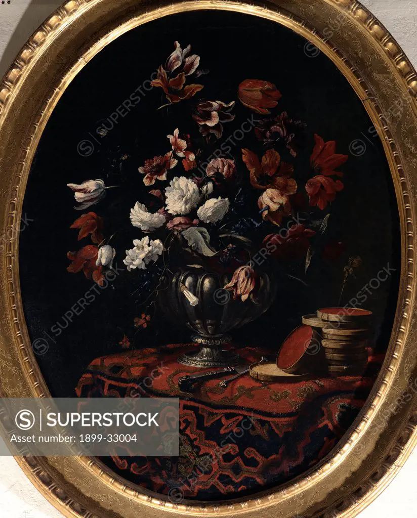 Flowerpot with Roses, Peonies and Tulips, Cutlery and Sweets on a Table Covered with an Oriental Rug, by Cittadini Pier Francesco, 1670 - 1680, 17th Century, oil on oval canvas. Italy, Emilia Romagna, Bologna, Madonna di Galliera e San Filippo Neri Church. Whole artwork. Match of the vase: pot with roses, peonies and tulips, cutlery and sweets on a small table covered with an oriental rug: carpet (cat. 41) gilded frame oval.
