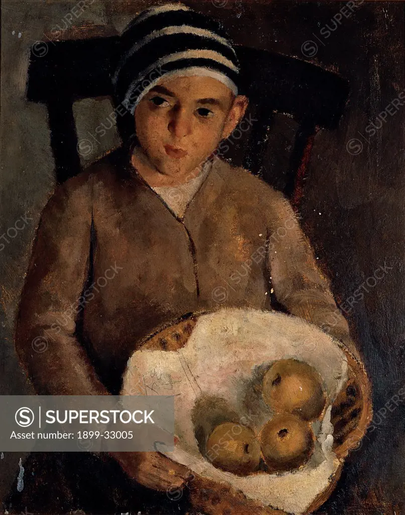 Child with Fruit, by De Robertis Roberto, 1930, 20th Century, oil on wood. Italy, Puglia, Bari, Private collection. Whole artwork. Child little boy: child striped beret basket fruit apples chair backrest.