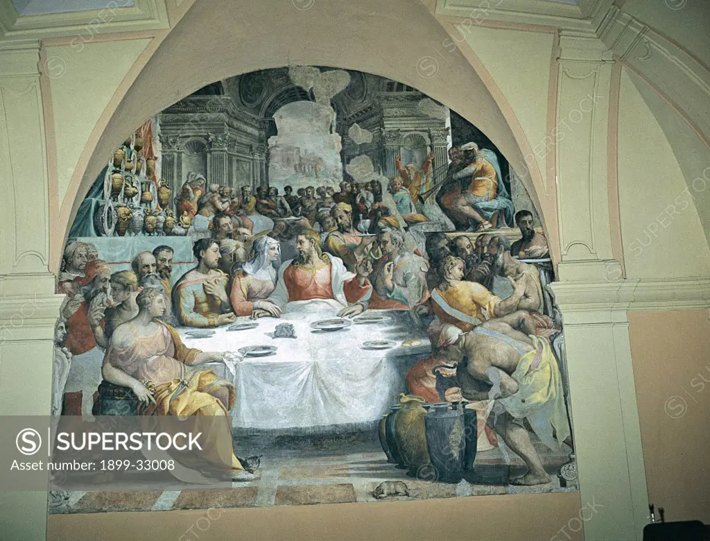 The Marriage at Cana, by De' Rossi Francesco know as Cecchino Salviati, 1552 - 1553, 16th Century, fresco. Italy, Lazio, Rome, San Salvatore in Lauro Church. Whole artwork. Wedding: Marriage feast banquet table companions: guests food: courses: dishes table crockery: pottery dishes Jesus Christ Virgin Mary classical arch.