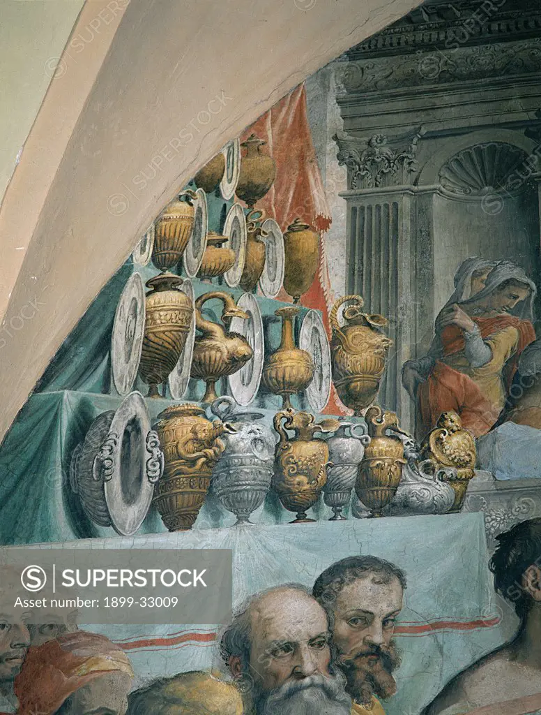 The Marriage at Cana, by De' Rossi Francesco know as Cecchino Salviati, 1552 - 1553, 16th Century, fresco. Italy, Lazio, Rome, San Salvatore in Lauro Church. Detail. Dishes embossed amphorae above left.