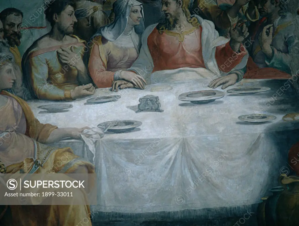The Marriage at Cana, by De' Rossi Francesco know as Cecchino Salviati, 1552 - 1553, 16th Century, fresco. Italy, Lazio, Rome, San Salvatore in Lauro Church. Detail. Laid table crockery: pottery dishes table companions: guests Jesus Christ Virgin Mary Mother Mary.