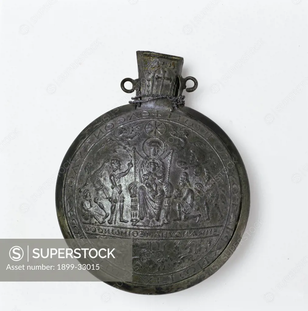 Ampulla from the Holy Land, by Unknown, 6th Century, lead and tin. Italy, Lombardy, Monza, Brianza, Cathedral. Whole artwork. Holy Land Ampulla inscription cross Christian symbols Madonna Enthroned with Child believers.