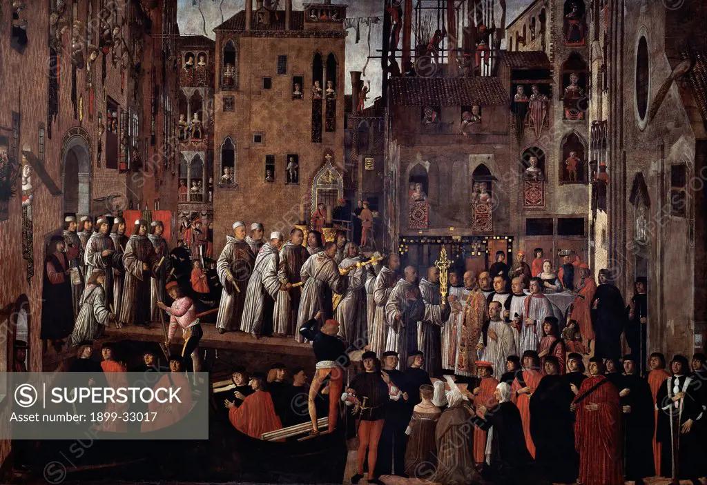 Miracle of the Relic of the Holy Cross in Campo San Lio, by Mansueti Giovanni, 1494, 15th Century, canvas. Italy, Veneto, Venice, Accademia Art Galleries. Whole artwork. Miracle of the Relic of the Holy Cross in Campo San Lio small figures procession Venice Gothic buildings black gondolas dark: brown tones: hues: shades red white black.