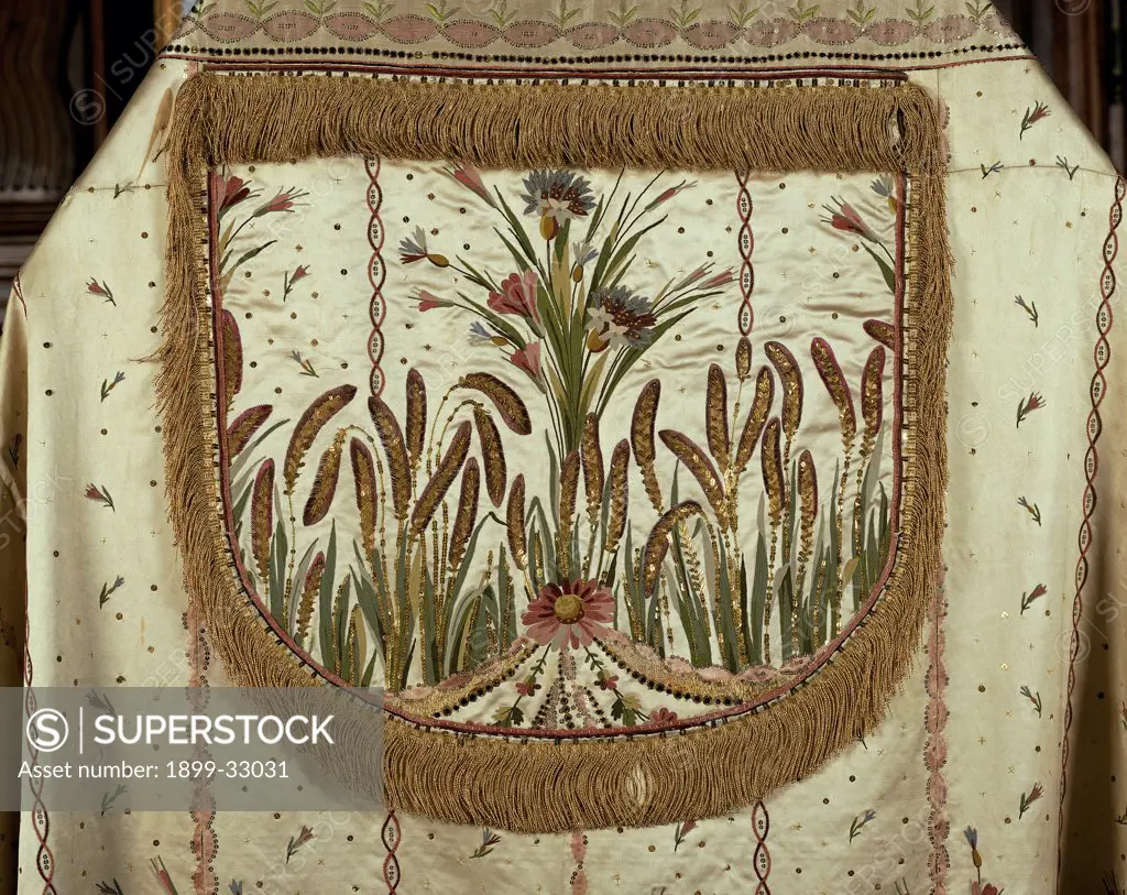 Cope, by Turin Work, 1796, 18th Century, satin, silk, . Italy, Piemonte, Turin, Consolata sanctuary. Detail. Embroidery small mandorla patterns water plants flowers bouquet flowers watercolor satin vestments.