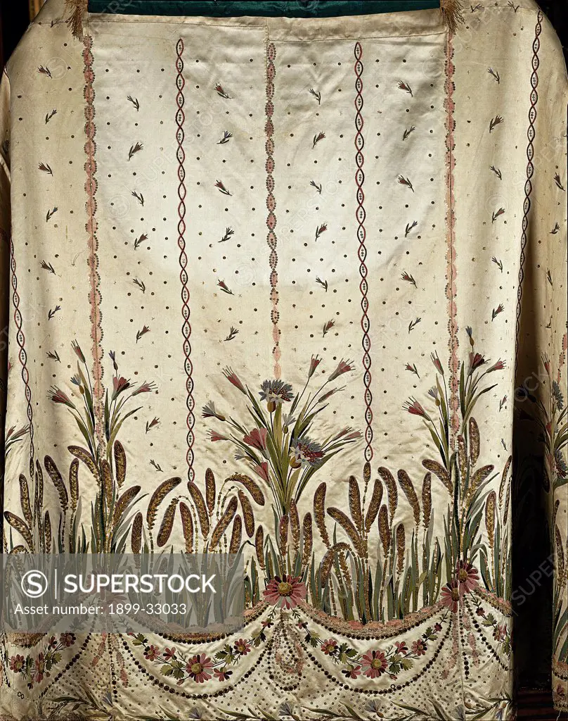 Cope, by Turin Work, 1796, 18th Century, satin, silk, . Italy, Piemonte, Turin, Consolata sanctuary. Whole artwork. Embroidery small mandorla patterns water plants flower bouquet flowers watercolor satin vestments.