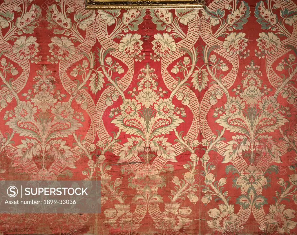 Tapestry drape, by Italian workmanship, 18th Century - 19th Century, Damasco. Italy, Liguria, Genoa, Royal Palace. Detail. Flower pattern damask flowers red.