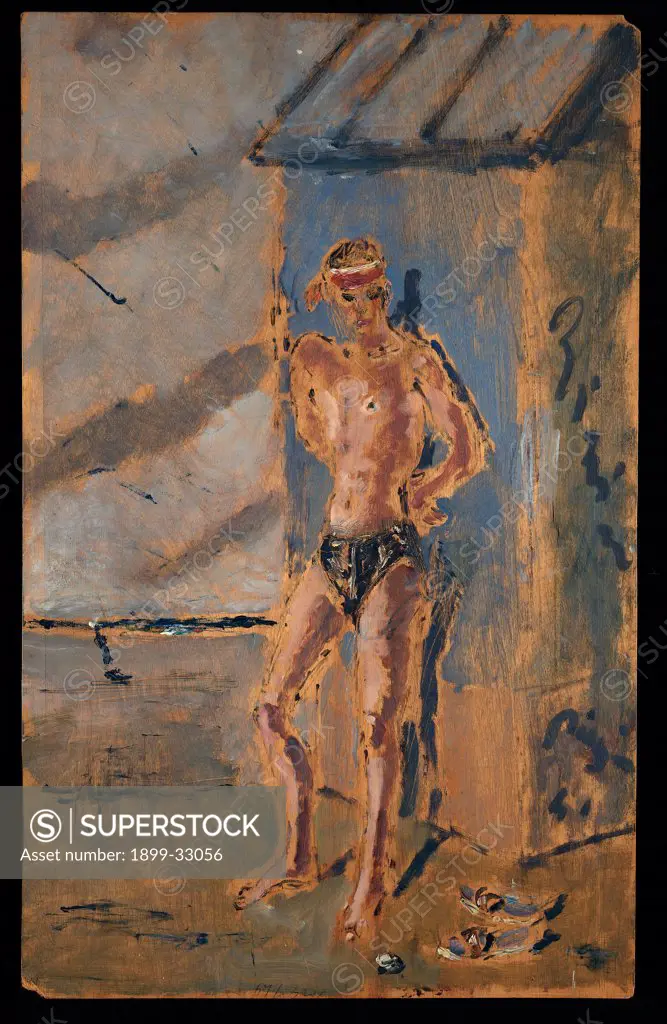 Young Man on the Beach, by Tibertelli Filippo Filippo De Pisis, 1930, 20th Century, oil on panel. , Private collection. Whole artwork. Young man boy swimming trunks: costume beach: shore sea bathing: beach hut blue gray pink sepia black.
