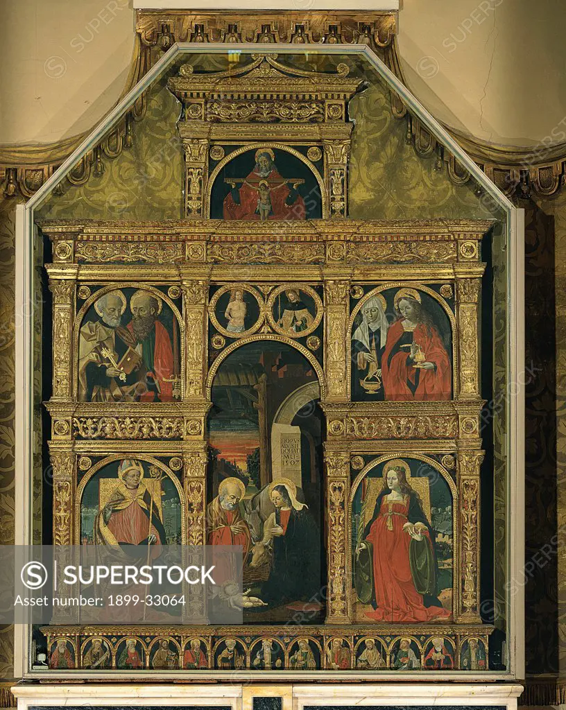 Polyptych, by De Donati Aloisio, 1507, 16th Century, wood carved, painted and gilded. Italy, Lombardy, Moltrasio, Como, Santi Martino e Agata church. Whole artwork. Polyptych the Nativity panels Virgin Mary Madonna Saints Infant Jesus: Christ Child: Baby Jesus: Child Jesus gold frame.