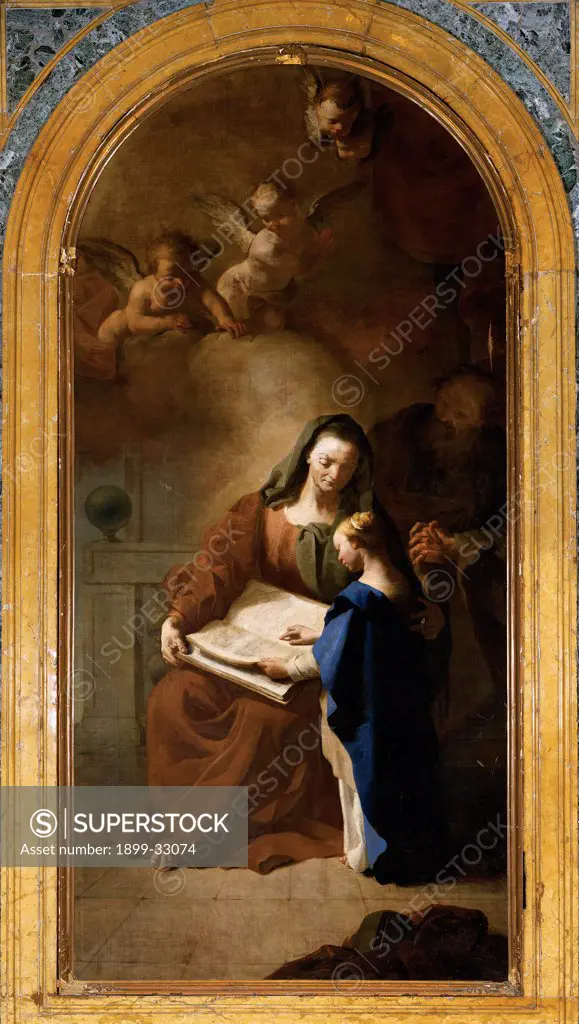 Education of the Virgin Mary, by Fedeli Domenico known as Maggiotto, 18th Century, canvas. Italy, Lombardy, Bergamo, Santa Grata inter Vites church. Whole artwork. Woman mother St Anne lesson lecture: reading the Holy Scriptures Bible girl Virgin Mary angels frame canvas arched altarpiece.