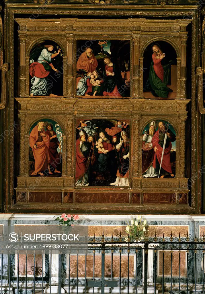Polyptych of Novara (San Gaudenzio Polyptych), by Ferrari Gaudenzio, 1510 - 1519, 16th Century, panel. Italy, Piemonte, Novara, San Gaudenzio Basilica. Whole artwork. Polyptych panels wooden frame scenes from the life of St Gaudentius Virgin Mary and Child with Saints.