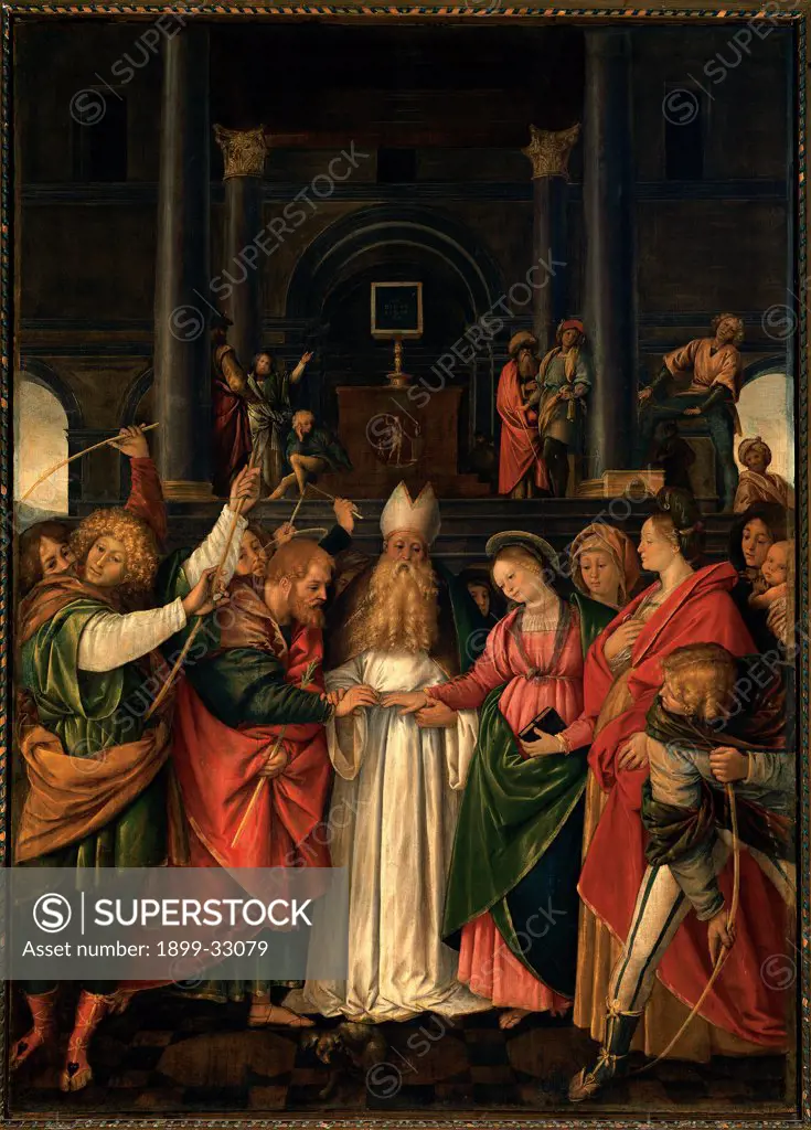 The Marriage of the Virgin, by Ferrari Gaudenzio, 16th Century, canvas. Italy, Lombardy, Como, Como, Cathedral. Whole artwork. Ceremony wedding Virgin Mary St Joseph priest headdress: headgear long beard onlookers: bystanders crowd: multitude men women boy little boy: child background building holy: sacred Corinthian columns altar red white g.