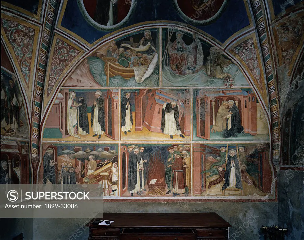 Scenes from the Life of St Dominic, by workshop Bembo (fratelli), 15th Century, fresco. Italy, Lombardy, Tavernole sul Mella, Brescia, San Filastrio Church. Whole artwork. Frescoed wall lunettes panels scenes life of St Dominic small figures pendentives frames.