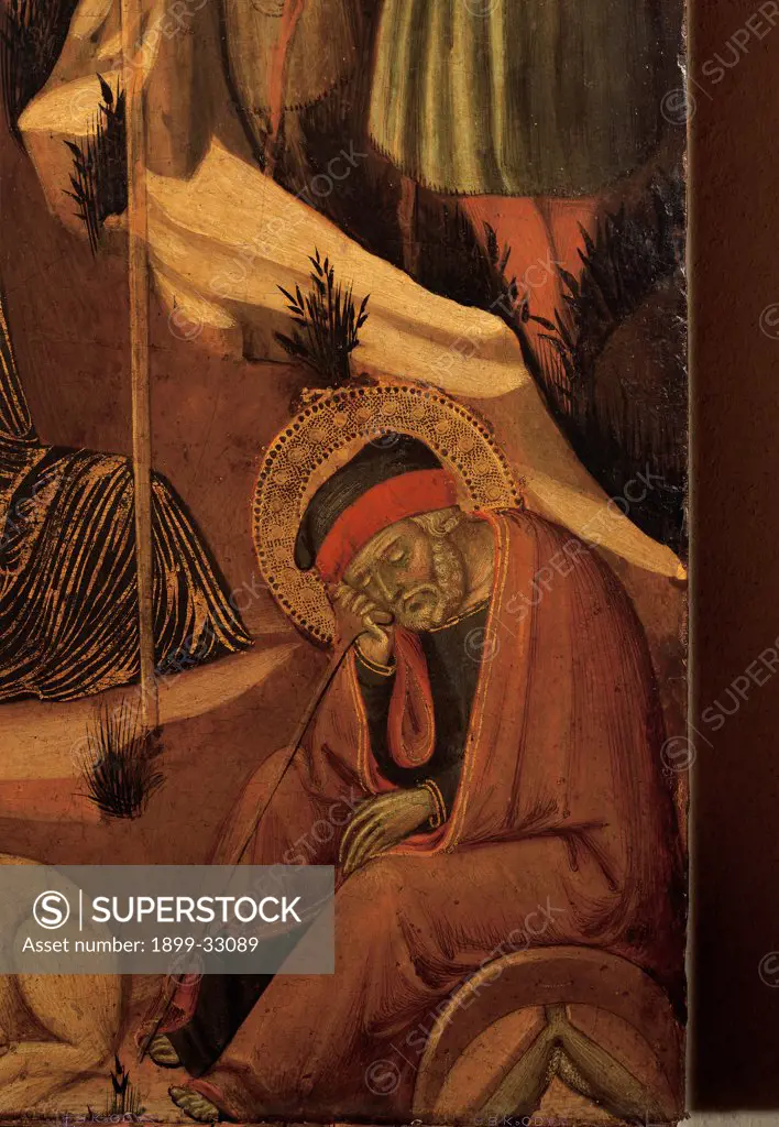 Adoration of the Christ Child, by Barnaba da Modena, 1375 - 1380, 14th Century, tempera on poplar panel. Italy, Lombardy, Milan, Brera Art Gallery. Detail of St Joseph in the foreground on the right. Man sleeping Saint mantle: cloak beard aureole: halo view landscape rocks red gold.
