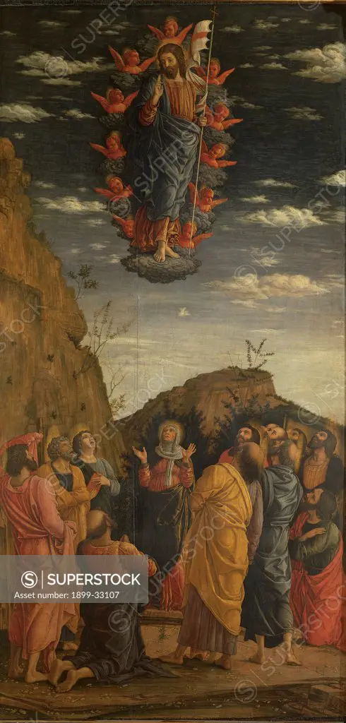 Triptych of the Uffizi. Ascension of the Christ, by Mantegna Andrea, 1460, 15th Century, tempera on panel. Italy, Tuscany, Florence, Uffizi Gallery. Whole artwork. Jesus Christ Raised into Heaven cherubs crossed standard: banner: flag sepulcher Apostles: Disciples Virgin Mary Madonna landscape rocks sky clouds red blue yellow pink white.
