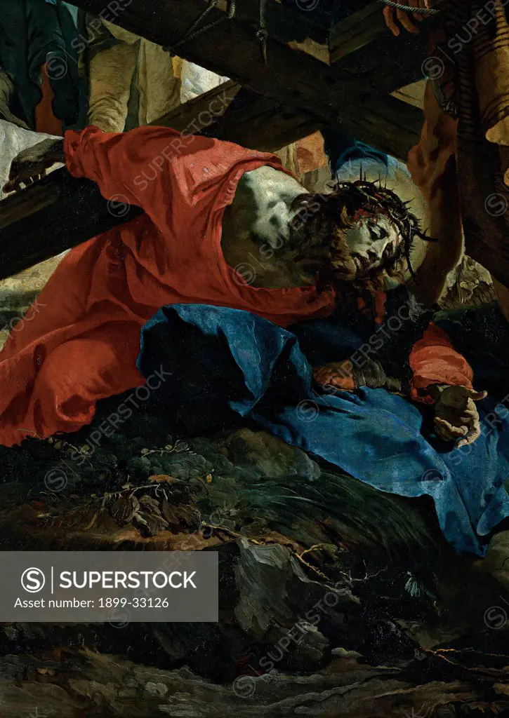 The Ascent to Calvary, by Tiepolo Giambattista, 1740, 18th Century, canvas. Italy, Veneto, Venice, Sant'Alvise Church. Detail. The Ascent to Calvary Jesus Christ fall cross Crown of Thorns glimmer aureole: halo blue red.