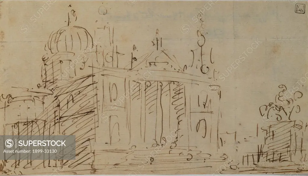 Capriccio with Church and Equestrian Monument, by Canal Giovanni Antonio known as Canaletto, 1754 - 1754, 18th Century, pen and brown ink. Italy, Veneto, Venice, Accademia Art Galleries. Recto. Capriccio with a church and an equestrian monument.