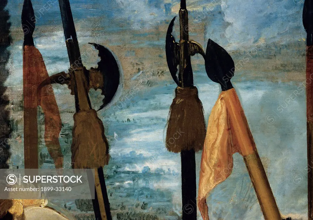 The Surrender of Breda (Las lanzas), by Velázquez Diego Rodriguez de Silva y, 1633 - 1635, 17th Century, oil on canvas. Spain, Prado National Museum. Detail. Flags and halberds.