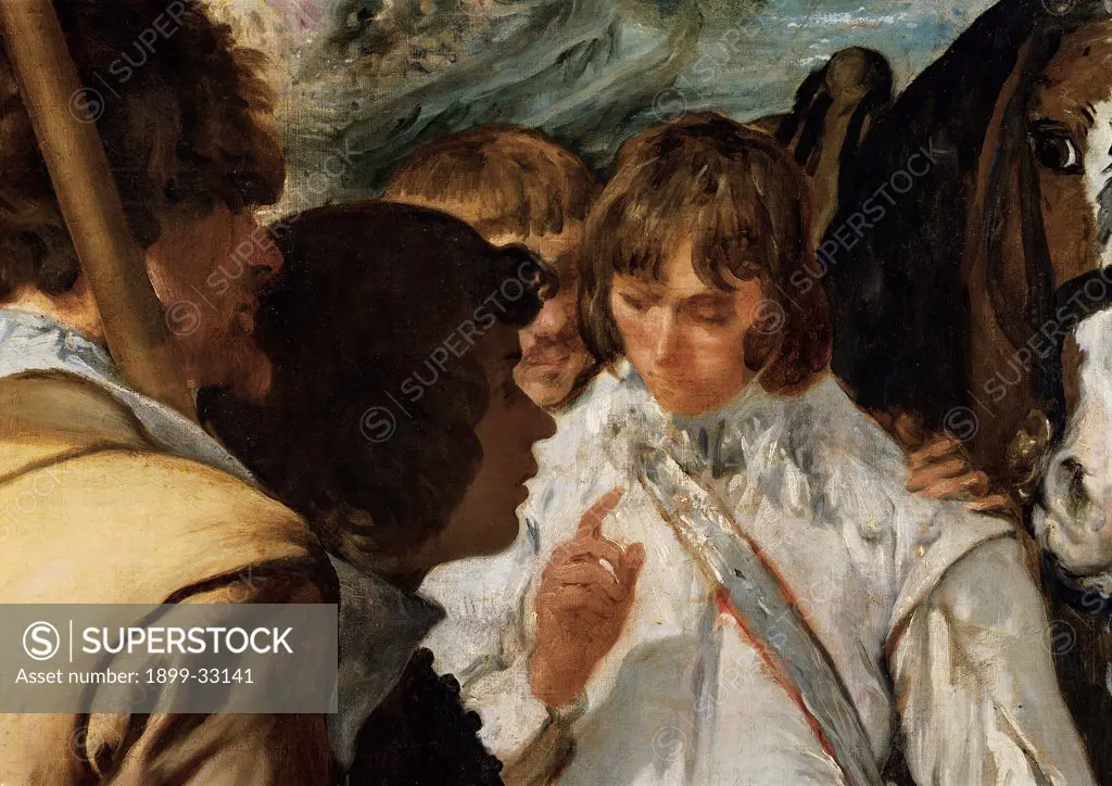 The Surrender of Breda (Las lanzas), by Velázquez Diego Rodriguez de Silva y, 1633 - 1635, 17th Century, oil on canvas. Spain, Prado National Museum. Detail. Young officer on the left characters of general defeated parade.