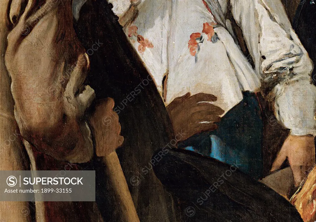 The Surrender of Breda (Las lanzas), by Velázquez Diego Rodriguez de Silva y, 1633 - 1635, 17th Century, oil on canvas. Spain, Prado National Museum. Detail. Young officer suit: dress on the left detaining the won general's horse.