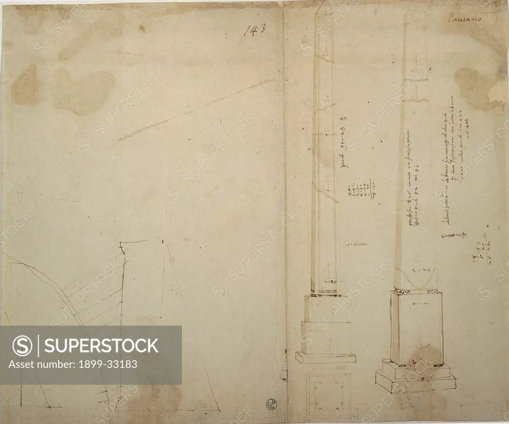 Ideal Reconstruction of the Augustan Obelisk in Rome, by Cordini Antonio known as Antonio da Sangallo the Younger, 1519, 16th Century, dark brown ink on paper. Italy, Tuscany, Florence, Uffizi Gallery, Drawings and Prints Cabinet. Sheet plan and elevation studies obelisk proportional calculations autograph notes.