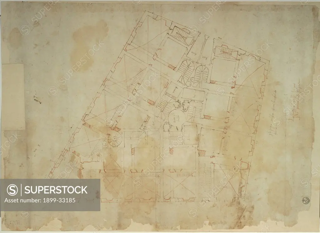 Plan/design/layout of a residential unit near Via Giulia in Rome, where the house of Raphael is located, by Cordini Antonio known as Antonio da Sangallo the Younger, 1520, 16th Century, pen, sanguine. Italy, Tuscany, Florence, Uffizi Gallery, Drawings and Prints Cabinet. Plan lot design: plan: layout of a residential insula: area: district plan.