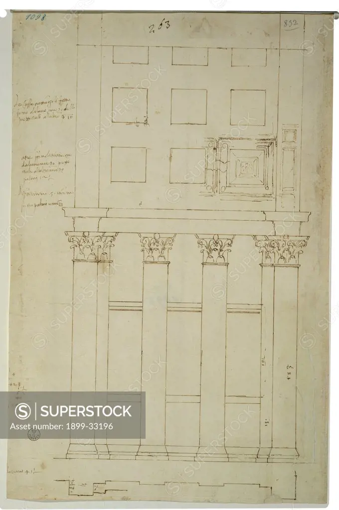 Elevation study of the passageway connecting the ambulatory and the cross passageway of the St Peter's Basilica in Rome, by Cordini Antonio known as Antonio da Sangallo the Younger, 1518 - 1519, 16th Century, pen, ink, stylus. Italy, Tuscany, Florence, Uffizi Gallery, Drawings and Prints Cabinet. Whole artwork. Sheet drawing elevation columns dimensions study ambulatory St Peter's Basilica capitals vault.