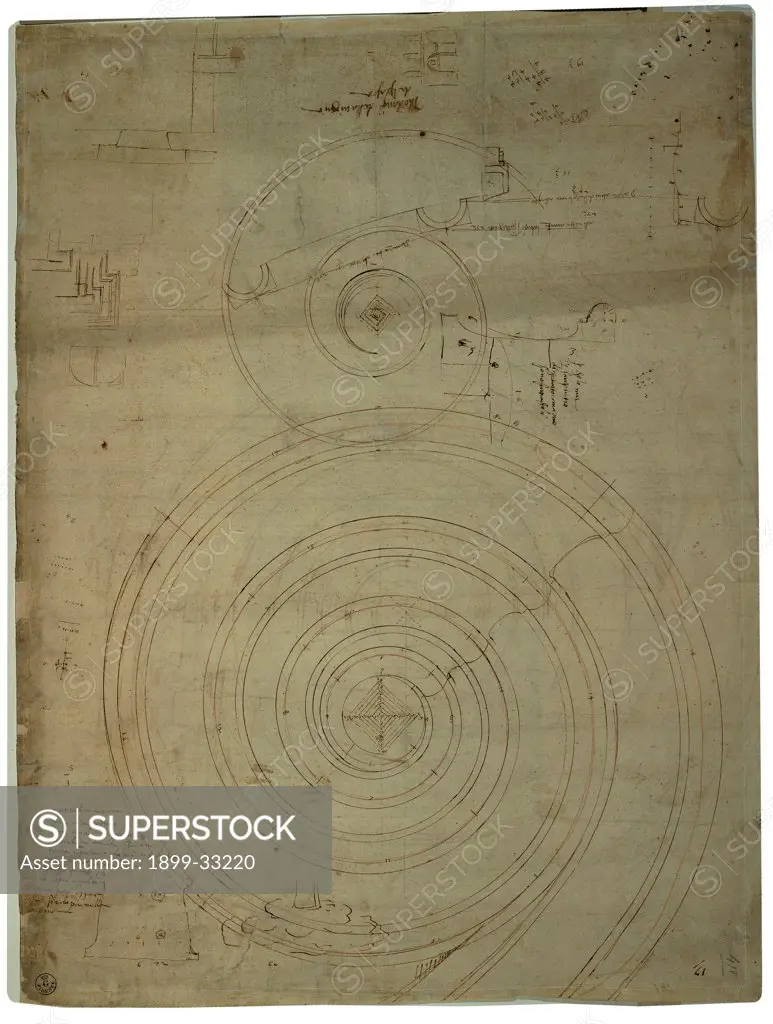 Studies of details for the order of the southern ambulatory, St Peter's Basilica - Studies of Ionic volutes - Studies for Villa Madama, by Cordini Antonio known as Antonio da Sangallo the Younger, 1518 - 1519, 16th Century. inchiostro scuro - Parzialmente con riga e compasso e parzialmen. Italy, Tuscany, Florence, Uffizi Gallery, Drawings and Prints Cabinet. Whole artwork. Sheet verso sketches St Peter's Basilica studies Ionic volutes Villa Madama.