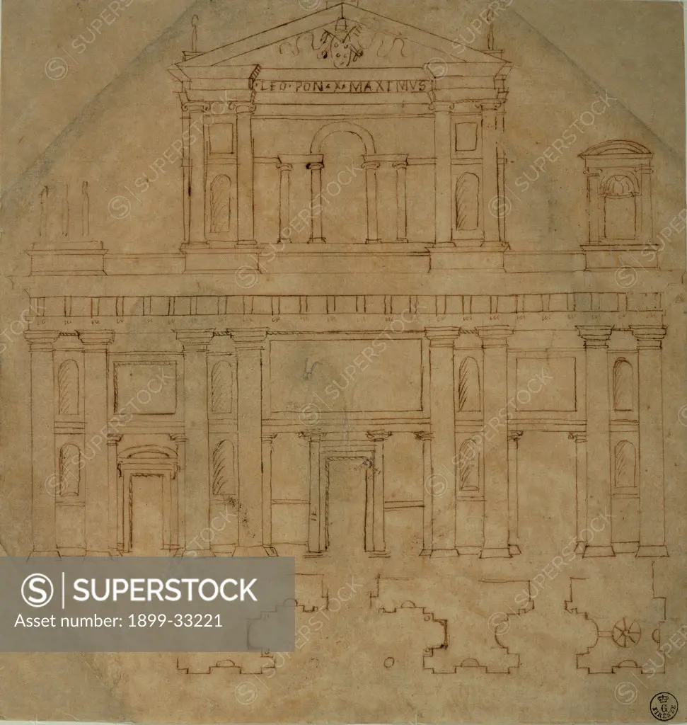 Copy of Raphael's facade layout/design/plan of the San Lorenzo church in Florence, by derivation Sanzio Raphael, probably Sangallo Bastiano detto Aristotile, 1518 - 1519, 16th Century, pen on paper. Italy, Tuscany, Florence, Uffizi Gallery, Drawings and Prints Cabinet. Whole artwork. Sheet facade San Lorenzo church elevation.