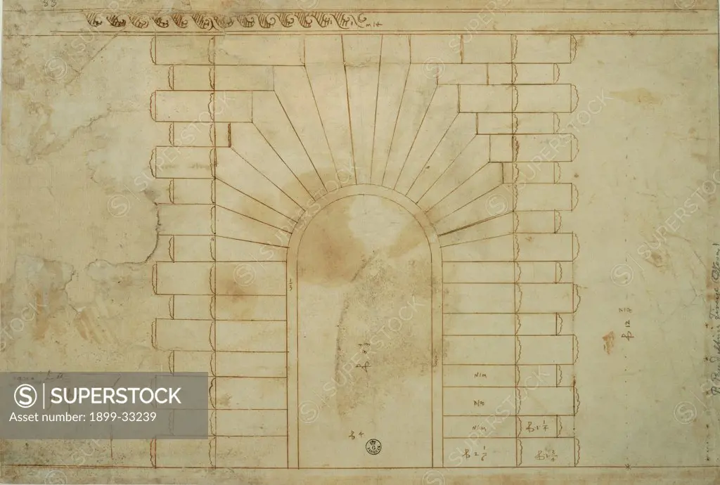 Two alternative elevation studies for the rusticated portal of Palazzo Pandolfini in Rome, by Sangallo Giovan Francesco da, 16th Century, pen. Italy, Tuscany, Florence, Uffizi Gallery, Drawings and Prints Cabinet. Whole artwork. Sheet drawing doorway.
