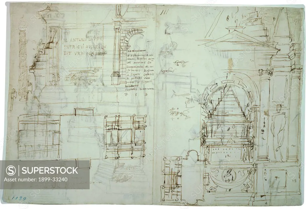 Studies for the Mausoleum of the Marchese Francesco Gonzaga , by Sangallo Antonio da, 16th Century, ink on paper. Italy, Tuscany, Florence, Uffizi Gallery, Drawings and Prints Cabinet. Whole artwork. Sheet drawing sketches funerary: burial monument: mausoleum small temple notes.