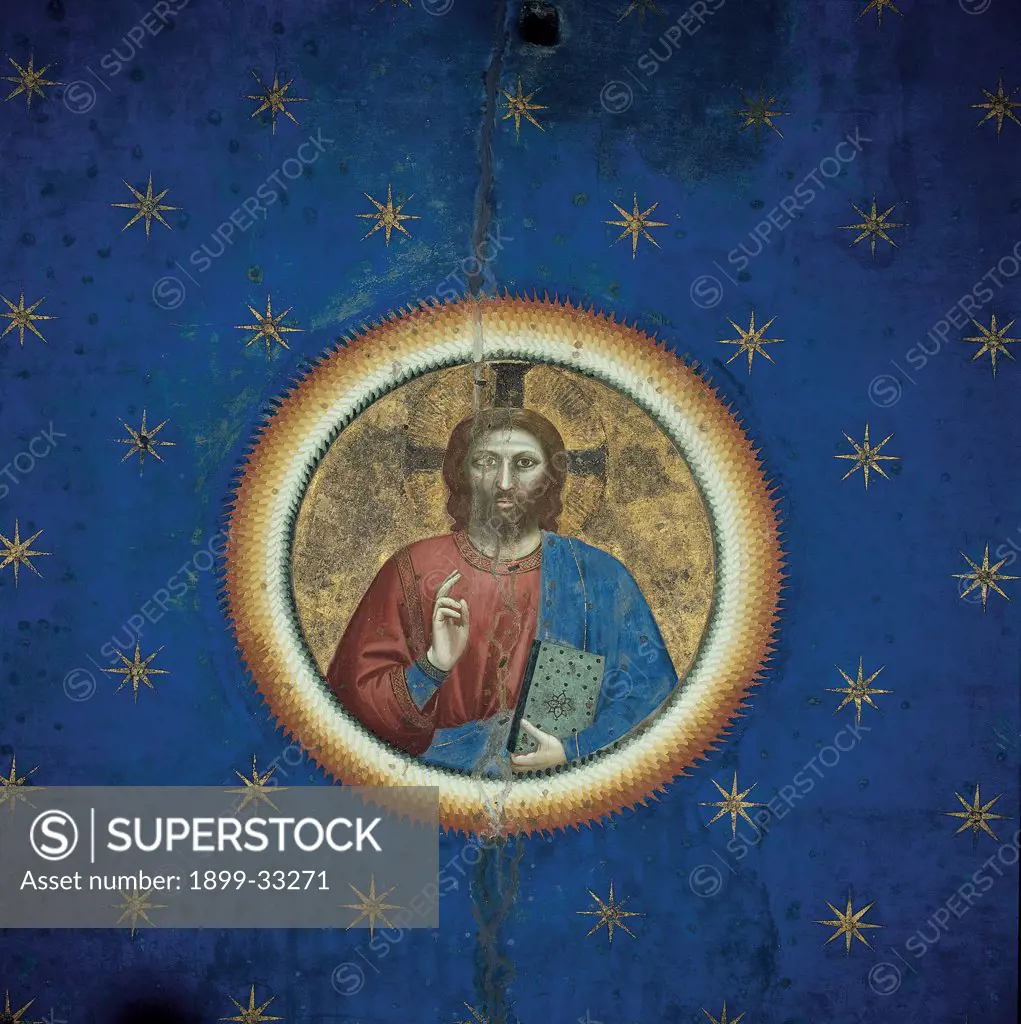 Fresco cycle in the Scrovegni Chapel, by Giotto, 1304 - 1306, 14th Century, fresco. Italy, Veneto, Padua, Scrovegni Chapel. Detail of the vault, Christ Pantocrator Redeemer starry blue sky gold halo: aureole.