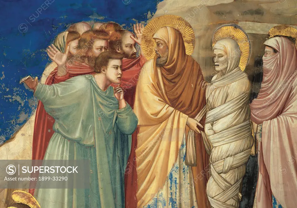 Stories of Christ of The Raising of Lazarus, by Giotto, 1304 - 1306, 14th Century, fresco. Italy, Veneto, Padua, Scrovegni Chapel. Scenes from the Life of Christ of Raising of Lazarus Jesus and Lazarus group bystanders rays halos. aureoles yellow gold pink red green tones. hues brown rocks blue background.