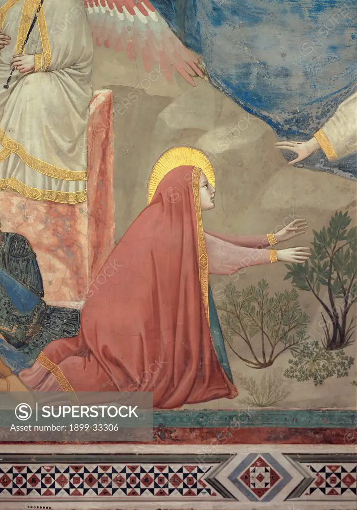 Scenes from the Life of Christ of the Resurrection, by Giotto, 1304 - 1306, 14th Century, fresco. Italy, Veneto, Padua, Scrovegni Chapel. Detail. Mary Magdalene. Image vertical horizontal mantle: cloak veil pink red halo: aureole gold rocks on background blue green.
