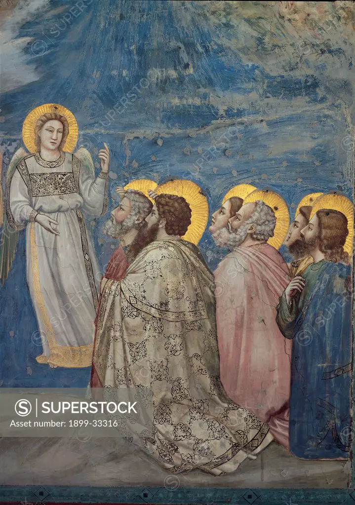 Stories of the Passion of The Ascension, by Giotto, 1304 - 1306, 14th Century, fresco. Italy, Veneto, Padua, Scrovegni Chapel. Scenes from the Life of Christ of Ascension, angel (right) with apostles golden halos. aureoles yellow background blue gray pink red.