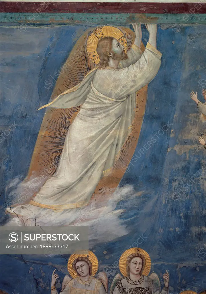 Stories of the Passion of The Ascension, by Giotto, 1304 - 1306, 14th Century, fresco. Italy, Veneto, Padua, Scrovegni Chapel. Scenes from the Life of Christ of Ascension, Jesus cloud mantle. cloak draping. drapery halo. aureole background blue.